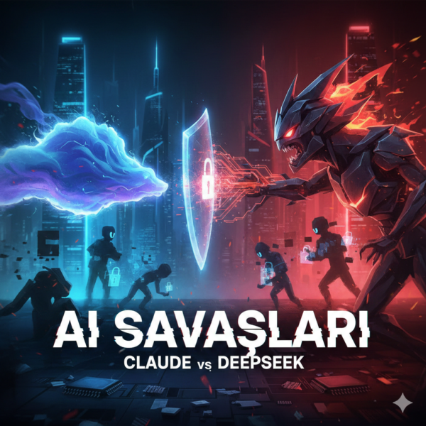 Anthropic Claude ve DeepSeek yapay zeka modelleri arasındaki dijital savaş illüstrasyonu.