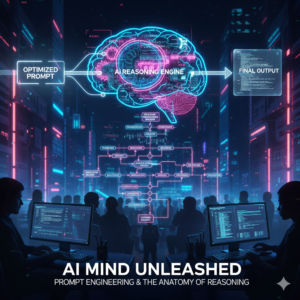 Prompt mühendisliği ile optimize edilmiş girdilerin, yapay zeka beynindeki tokenizasyon, bağlam analizi ve düşünce zinciri (reasoning) süreçlerinden geçerek doğru ve yaratıcı sonuçlara dönüşümünü gösteren fütüristik diyagram.