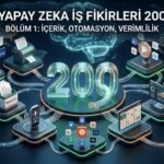 Merkezde ışıklı 200 rakamı ve çevresinde içerik üretimi, otomasyon, veri analizi ve video düzenleme araçlarını simgeleyen 3D dijital ikonların bulunduğu yapay zeka iş fikirleri kapak görseli.