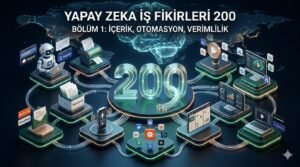 Merkezde ışıklı 200 rakamı ve çevresinde içerik üretimi, otomasyon, veri analizi ve video düzenleme araçlarını simgeleyen 3D dijital ikonların bulunduğu yapay zeka iş fikirleri kapak görseli.