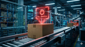 Amazon FBA kargo kutusu üzerinde parlayan kırmızı dijital acil durdurma (Amazon Kill Switch) butonu ve arka plandaki yapay zeka veri akışı.