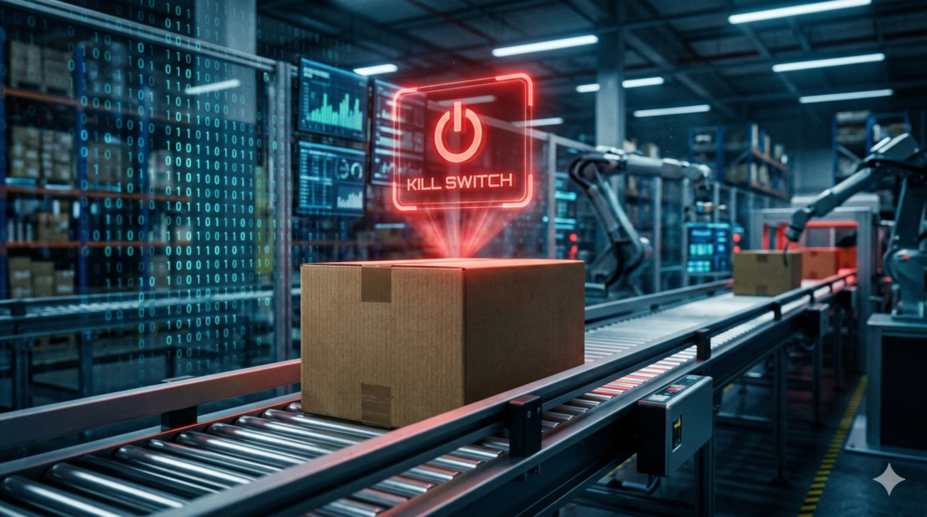 Amazon FBA kargo kutusu üzerinde parlayan kırmızı dijital acil durdurma (Amazon Kill Switch) butonu ve arka plandaki yapay zeka veri akışı.