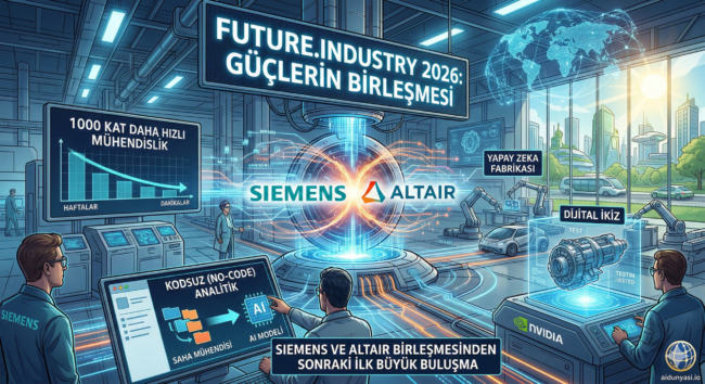 Siemens ve Altair logolarının enerji saçan bir teknoloji çekirdeğinde birleştiği, geleceğin yapay zeka fabrikasını, dijital ikiz teknolojilerini ve 1000 kat hızlı mühendislik süreçlerini gösteren fütüristik dijital illüstrasyon.