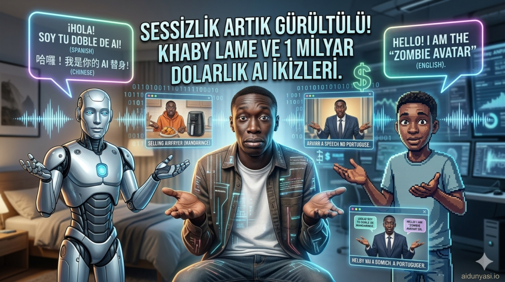 Khaby Lame ve farklı dillerde konuşan, airfryer satan yapay zeka dijital ikizlerini temsil eden esprili illüstrasyon - aidunyasi.io