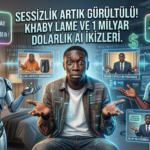 Khaby Lame ve farklı dillerde konuşan, airfryer satan yapay zeka dijital ikizlerini temsil eden esprili illüstrasyon - aidunyasi.io