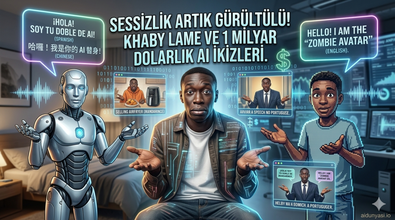 Khaby Lame ve farklı dillerde konuşan, airfryer satan yapay zeka dijital ikizlerini temsil eden esprili illüstrasyon - aidunyasi.io