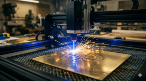 Pirinç plaka üzerine lazer kazıma yapan profesyonel masaüstü cihaz ve işlem sırasında saçılan parlak altın sarısı kıvılcımlar.