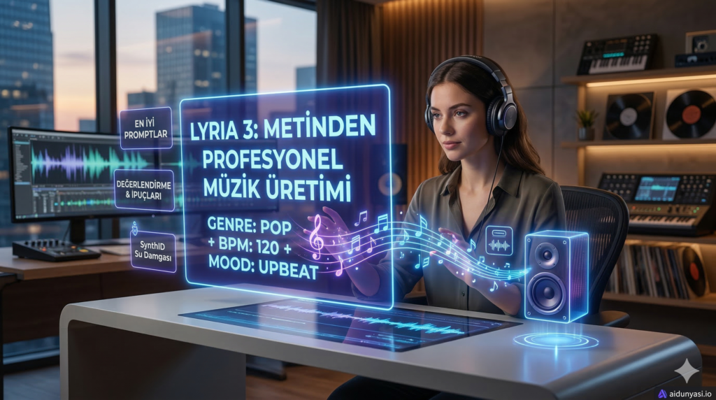 Lyria 3 yapay zeka aracı ile holografik ekran üzerinden profesyonel müzik ve melodi üretimi yapan kullanıcı görseli - aidunyasi.io
