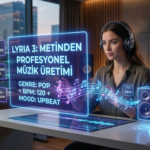 Lyria 3 yapay zeka aracı ile holografik ekran üzerinden profesyonel müzik ve melodi üretimi yapan kullanıcı görseli - aidunyasi.io