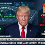 Donald Trump'ın sert ifadesi ön planda; arka planda OpenAI ve Pentagon arasındaki GPT model erişim anlaşması ile Anthropic firmasının ulusal güvenlik tehdidi ilan edilmesini simgeleyen dijital illüstrasyon.