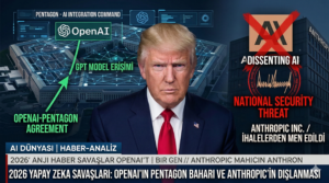 Donald Trump'ın sert ifadesi ön planda; arka planda OpenAI ve Pentagon arasındaki GPT model erişim anlaşması ile Anthropic firmasının ulusal güvenlik tehdidi ilan edilmesini simgeleyen dijital illüstrasyon.