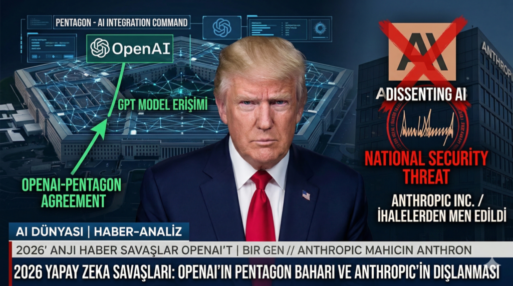 Donald Trump'ın sert ifadesi ön planda; arka planda OpenAI ve Pentagon arasındaki GPT model erişim anlaşması ile Anthropic firmasının ulusal güvenlik tehdidi ilan edilmesini simgeleyen dijital illüstrasyon.