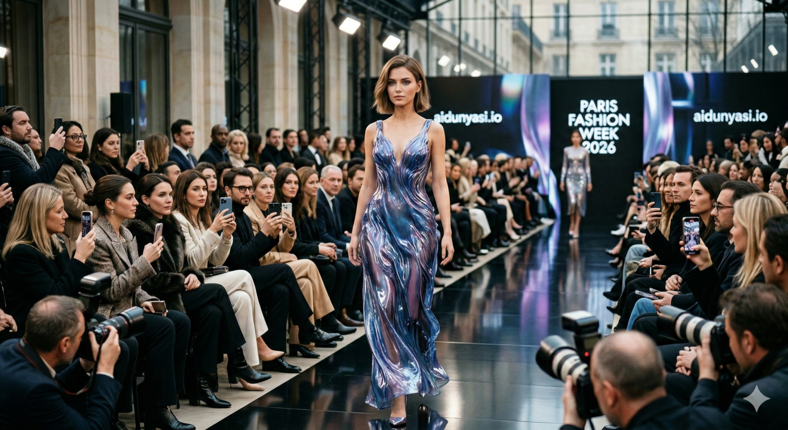 Aria, Paris Moda Haftası 2026'da podyumda yürüyor. Elbisesi AI terzi Syla tarafından tasarlandı. Fotoğraf gerçekçiliğinde haber fotoğrafı.