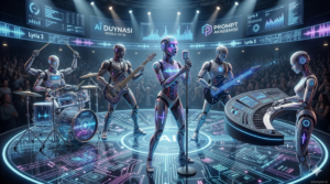 Beş kişilik robotik yapay zeka orkestrasının fütüristik bir sahnede canlı müzik performansı sergilemesi - aidunyasi.io Prompt Akademisi