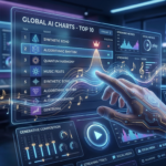 Yapay Zeka ve Müzik Endüstrisinde Yeni Dönem makalesi için fütüristik bir insan-makine arayüzü ve holografik müzik listeleri görseli.