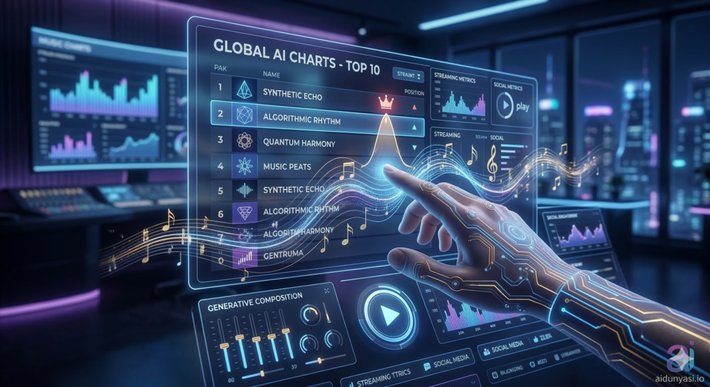 Yapay Zeka ve Müzik Endüstrisinde Yeni Dönem makalesi için fütüristik bir insan-makine arayüzü ve holografik müzik listeleri görseli.